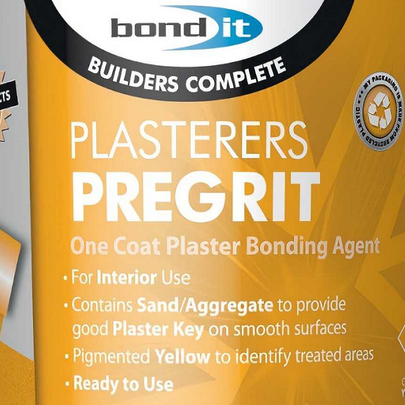 Close-up of Bond It Plasterers Pregrit container showing product details and features.