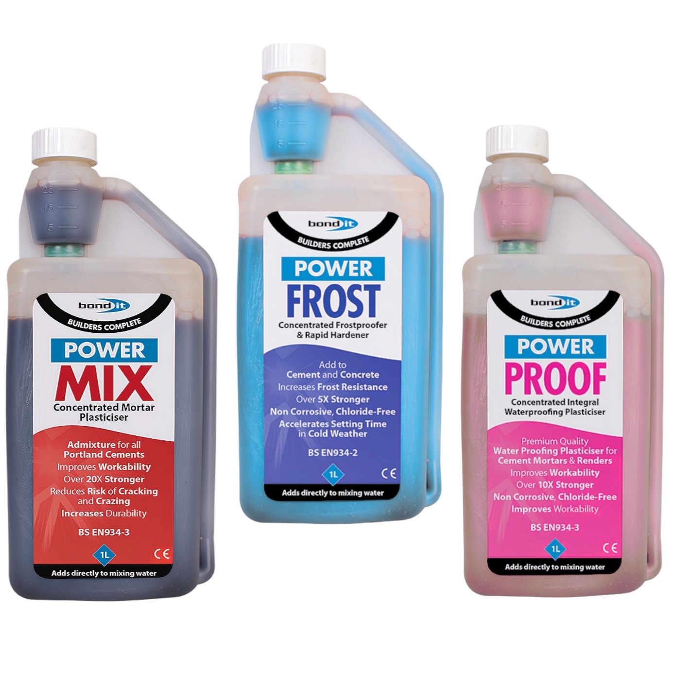 Three Bond It products including Power Mix, Power Frost, and Power Proof in plastic bottles with labels.
