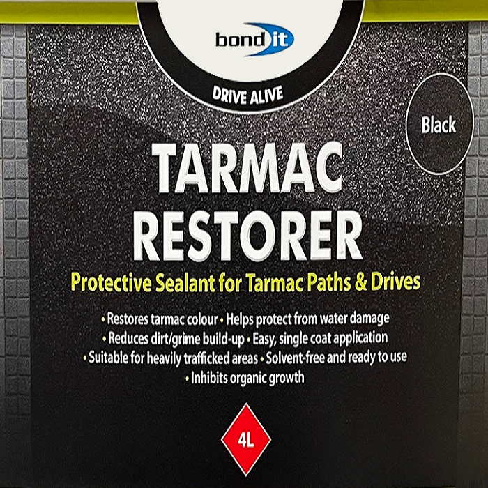 Bond It Drive Alive Tarmac Restorer packaging showing features and benefits such as restoring tarmac colour and protection from water damage.