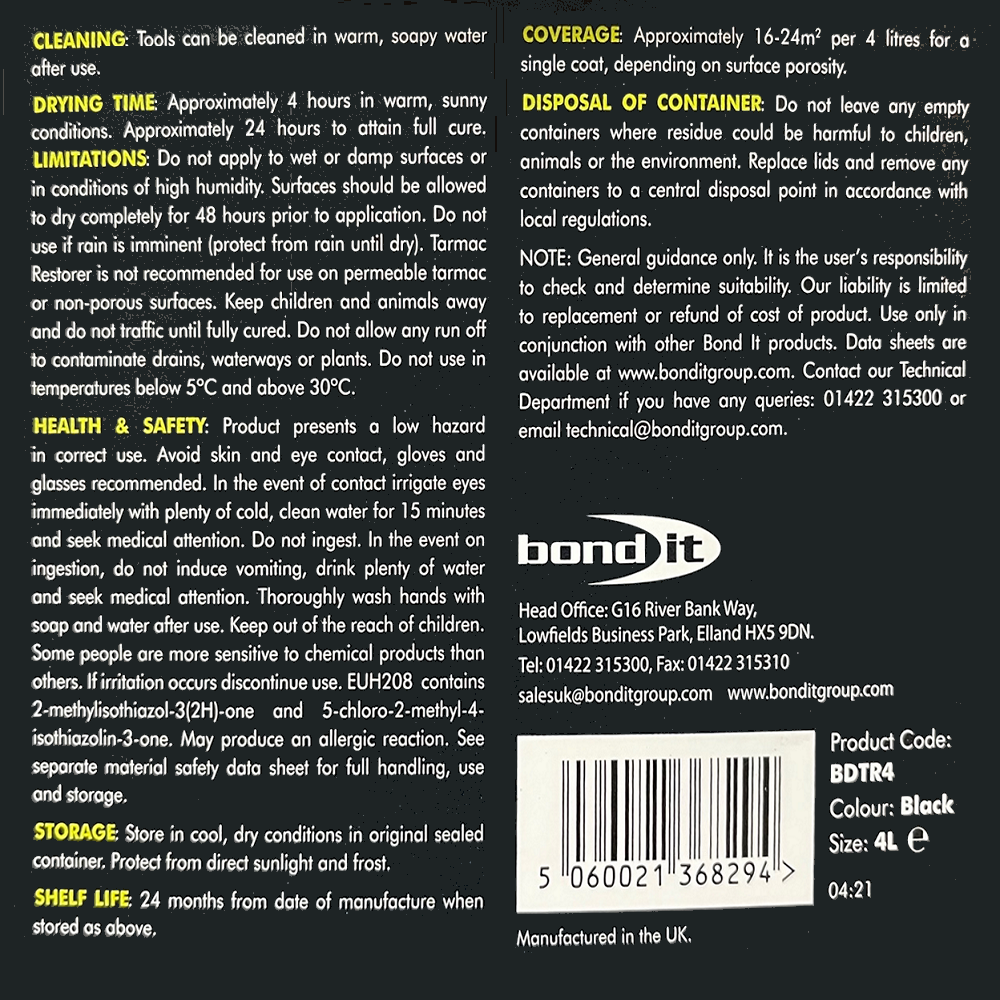 Back label of Bond It Drive Alive Tarmac Driveway Restorer Paint showing instructions, safety information, and product details.