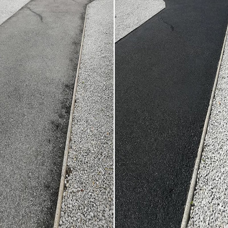Comparison of a tarmac driveway before and after using black finish restorer paint, showing a noticeable improvement in colour and appearance.