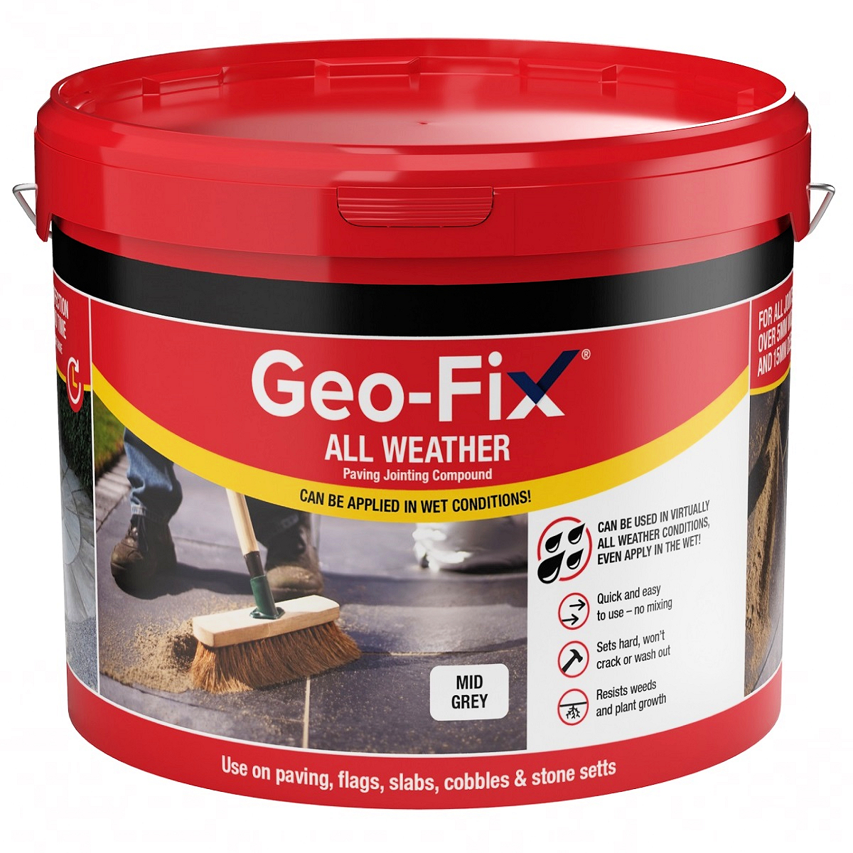 Geo-Fix All Weather Jointing Compound container in Slate Grey with a broom sweeping stone paving.