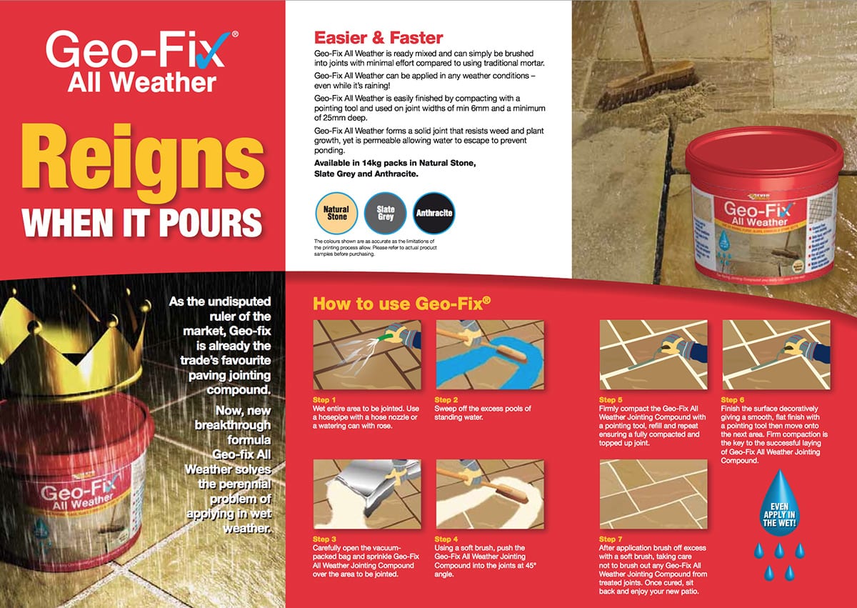 Geo-Fix All Weather Jointing Compound promotional Showing a container of the product with a crown and instructions for use.