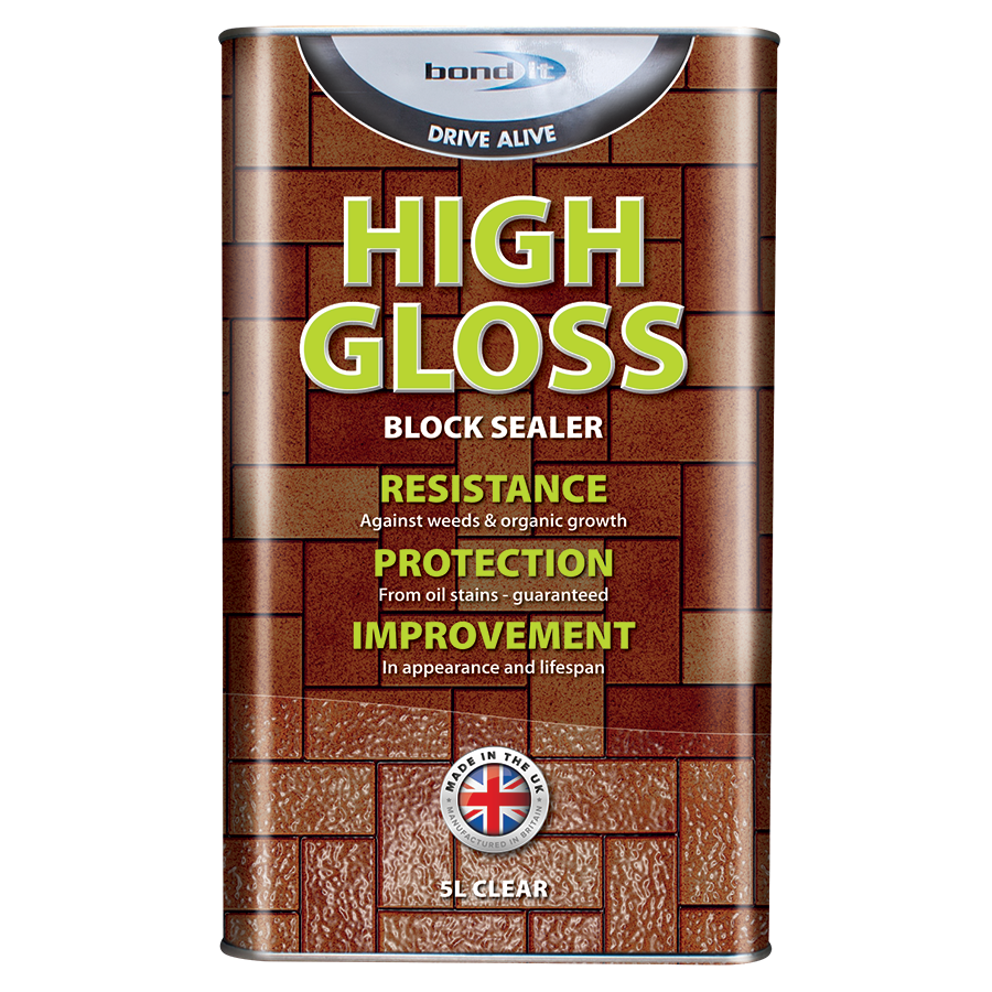 Bond It High Gloss Block Paving Sealer 5L tin with brick pattern and product details.