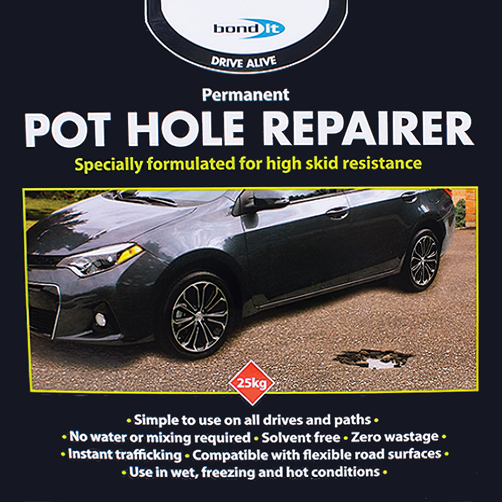 Bond It Instant Pot Hole Repair Tarmac 25kg packaging with a car parked on repaired road surface.