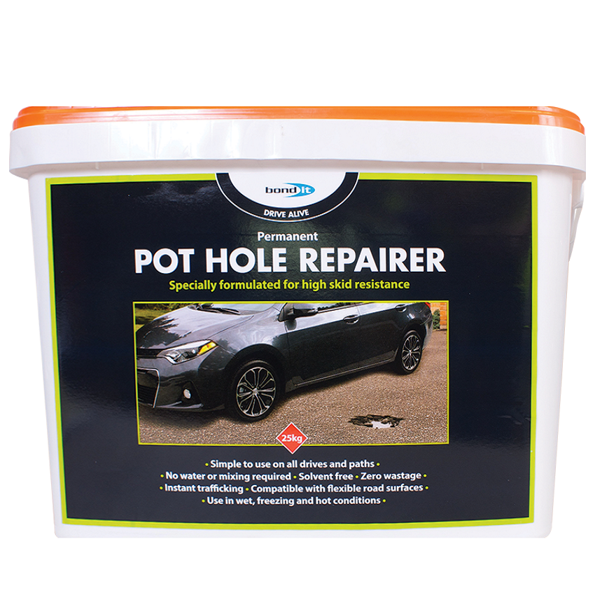 Bond It Instant Pot Hole Repair Tarmac 25kg container with product label and a repaired road surface.