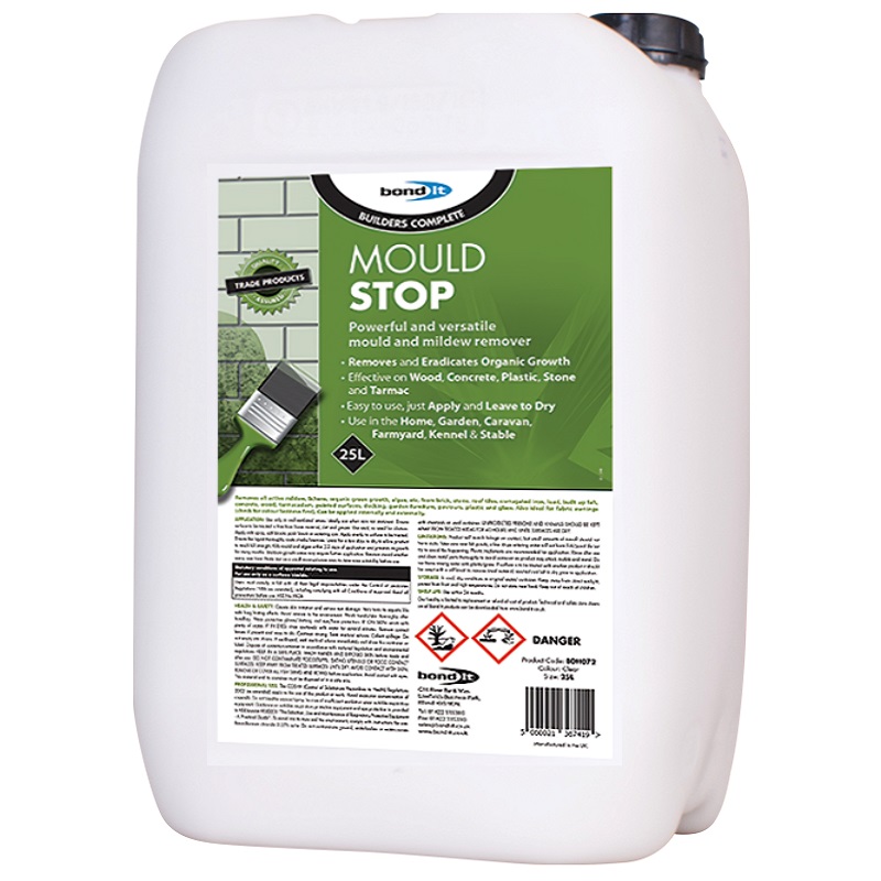 Bond It Mould Stop Moss and Mildew Remover 25L container with label showing usage instructions and safety warnings.