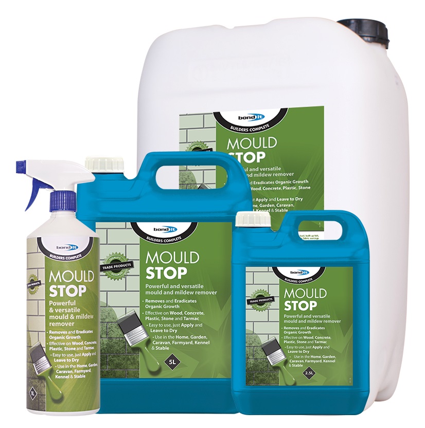 Bond It Mould Stop Moss and Mildew Remover in various container sizes.