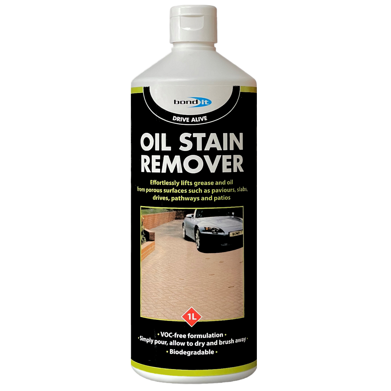 Bond It Drive Alive Oil Stain Remover bottle with label showing usage instructions and  a clean driveway.