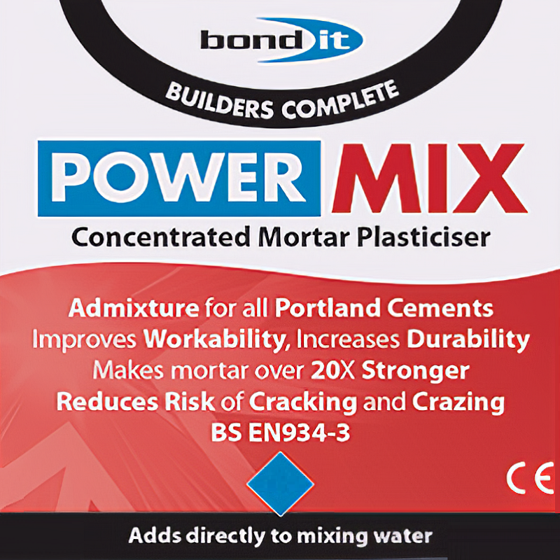 Label of Bond It Power Mix 1 Litre Concentrated Mortar Plasticiser showing product benefits and usage instructions.