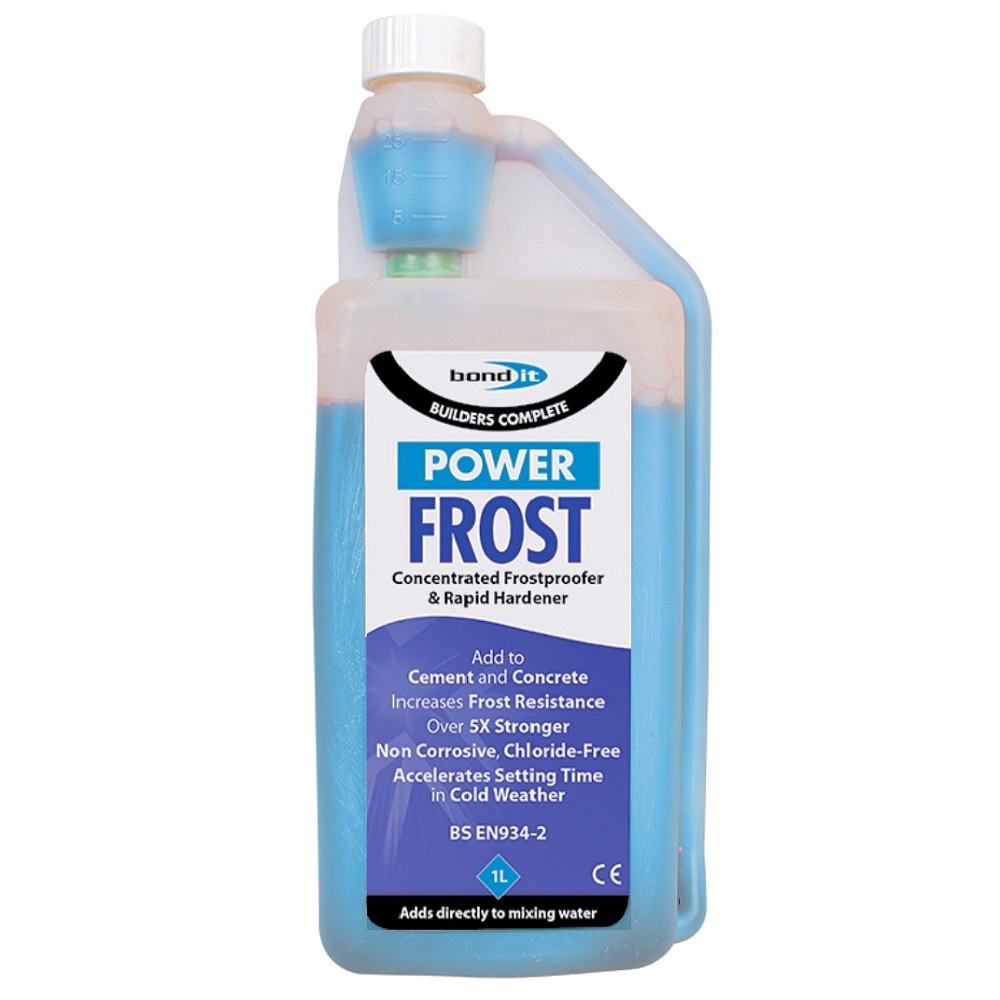Bond It Power Frost Concentrated Frostproofer and Hardener bottle with blue liquid and label detailing product features.