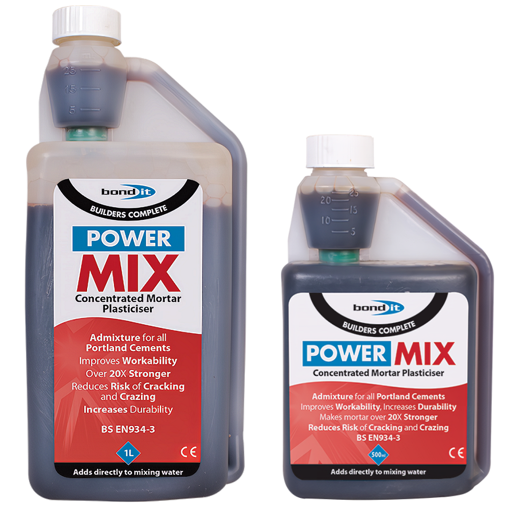 Two bottles of Bond It Power Mix Concentrated Mortar Plasticiser with labels showing product details.
