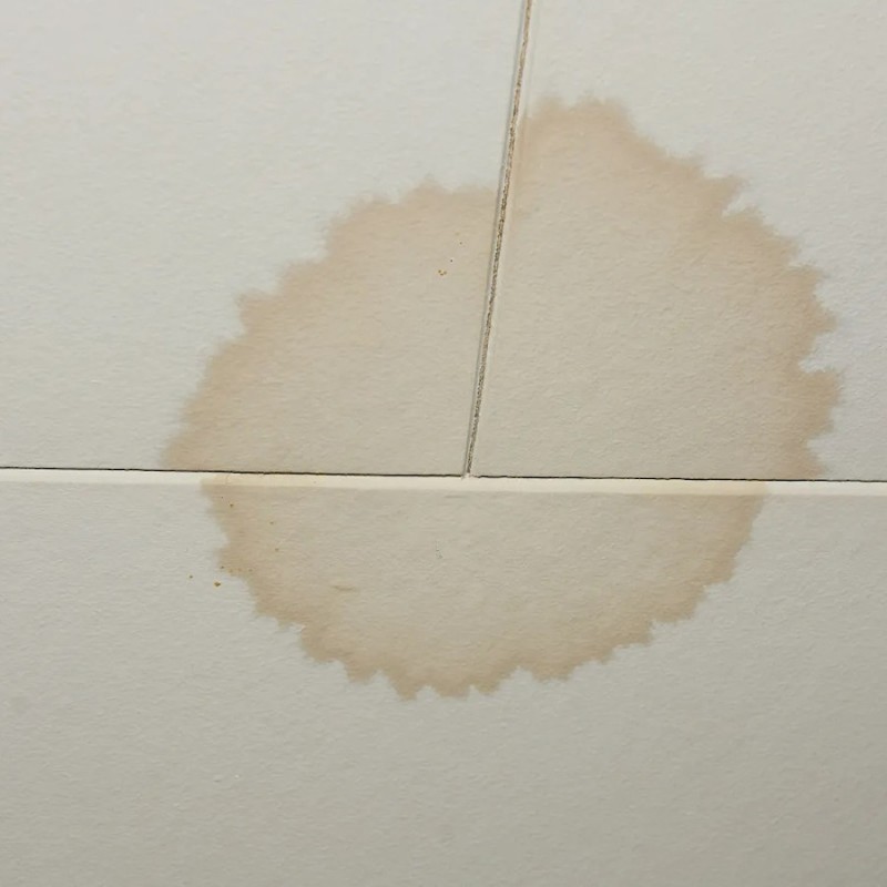 Close-up of a stained white interior wall with visible water damage.