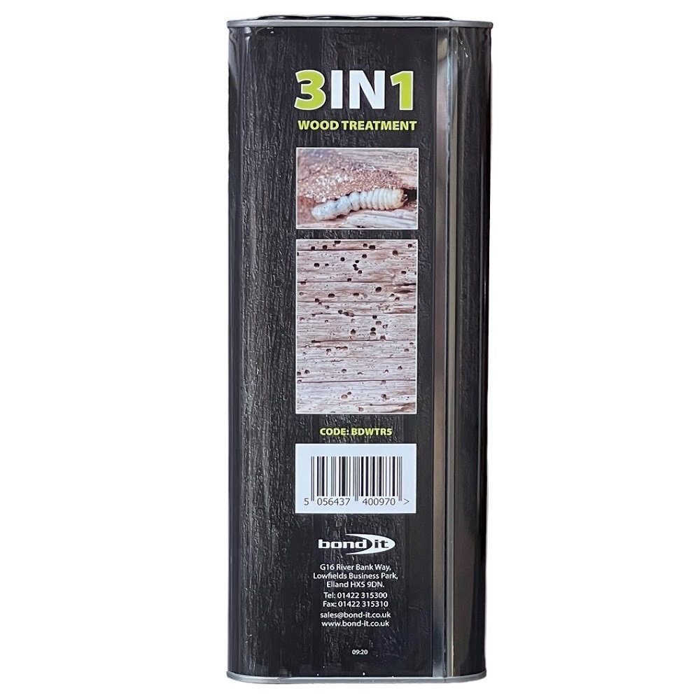 Side view of Bond It 3-in-1 Wood Treatment and Preserver 5L container showing product details and images of woodworm and treated wood surface.