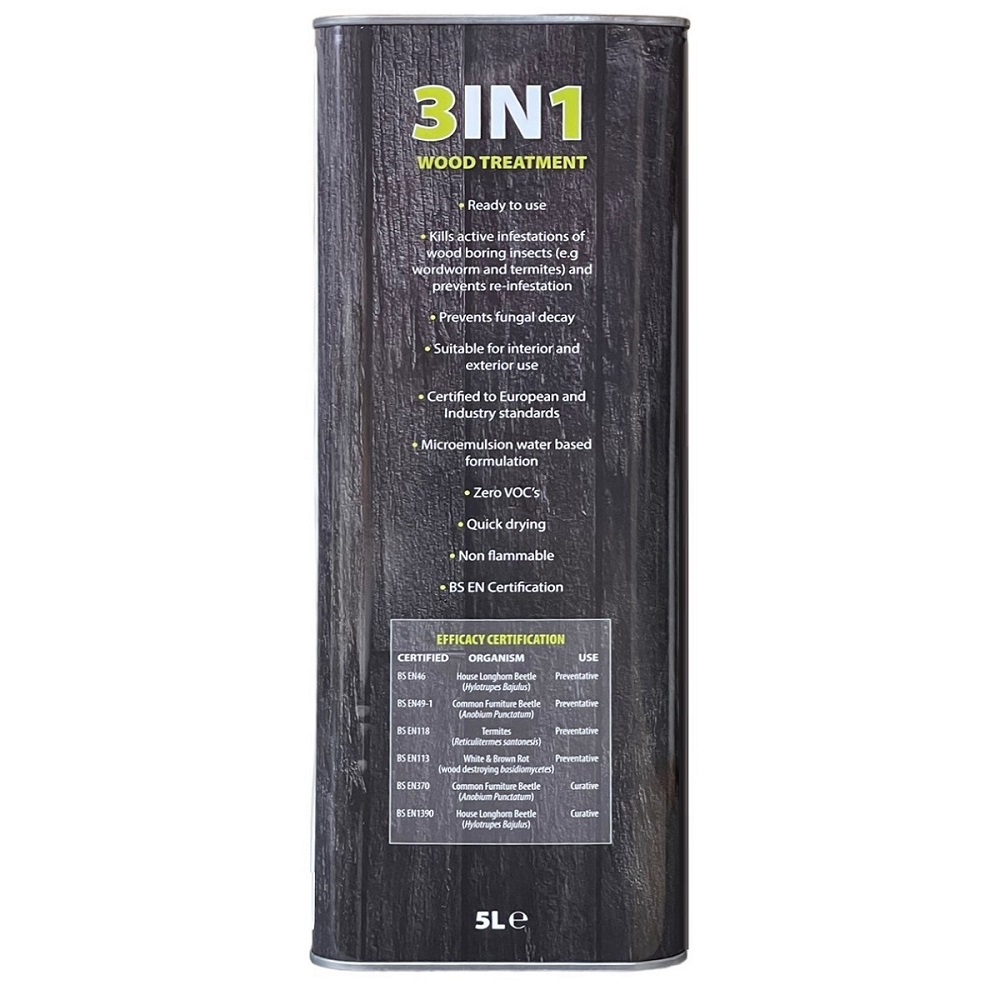 Bond It 3-in-1 Wood Treatment and Preserver 5L container showing product details and efficacy certification.
