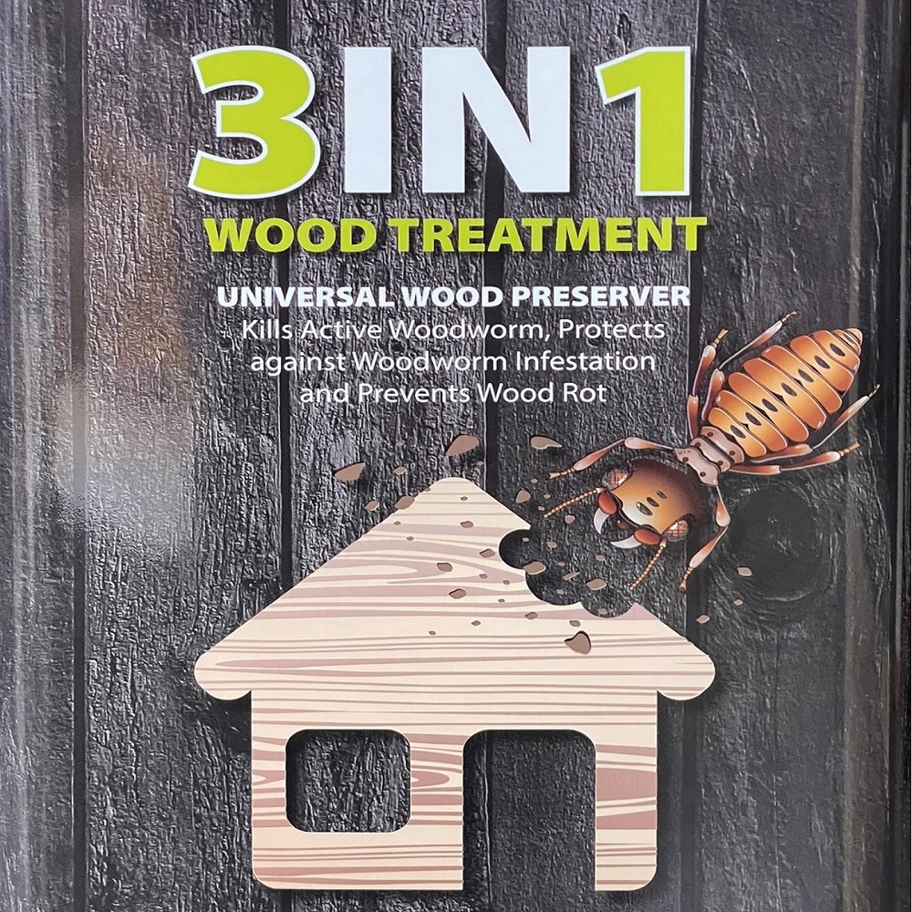 Bond It 3-in-1 Wood Treatment and Preserver with a graphic of a woodworm next to a wooden house symbol.