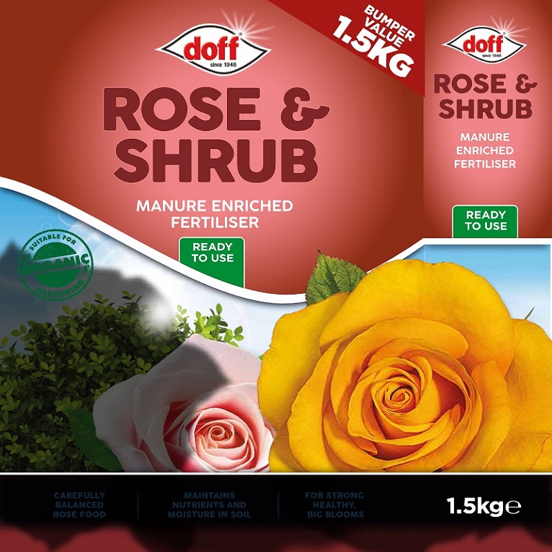 Doff Rose & Shrub Feed 1.5kg packaging featuring images of roses and shrubbery.