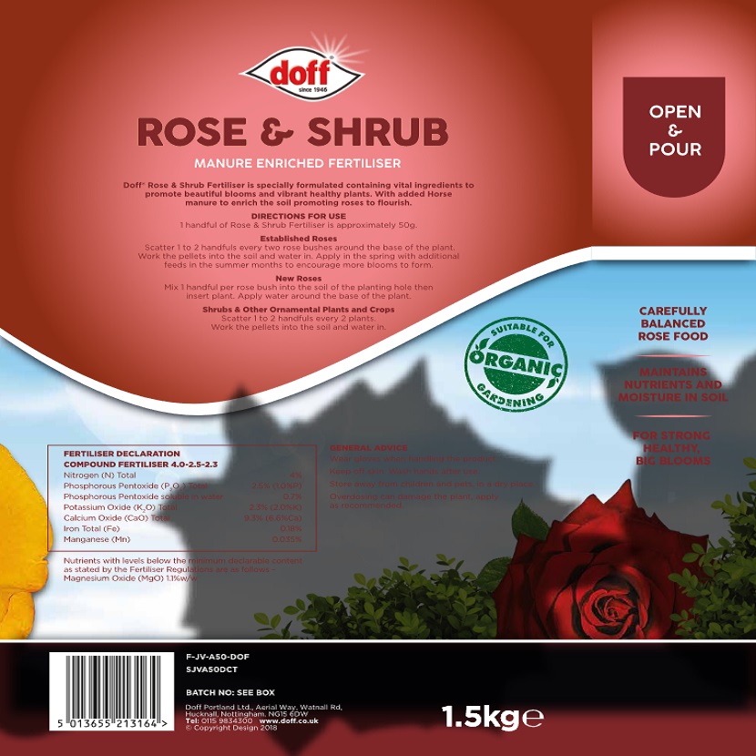 Doff Rose & Shrub Feed 1.5kg packaging with manure enriched plant food details, suitable for organic gardening.