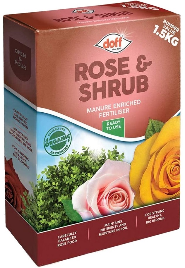 Doff Rose & Shrub Feed 1.5kg box with images of roses and shrubs, labelled as manure enriched fertiliser.