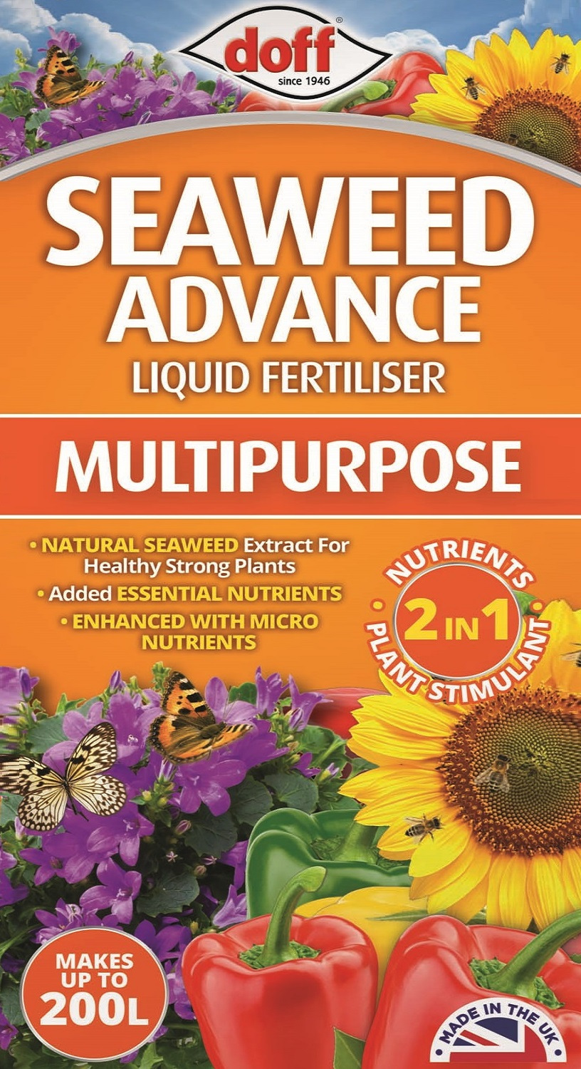 Doff Seaweed Advance Multi-Purpose Plant Food bottle with vibrant flowers, peppers, and butterflies.