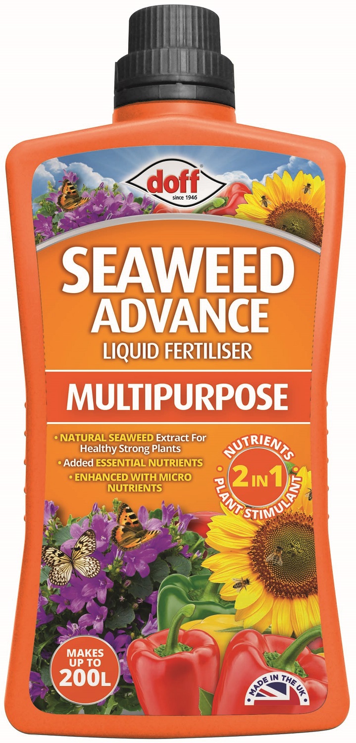 Bottle of Doff Seaweed Advance Multi-Purpose Plant Food with images of flowers and vegetables on the label.