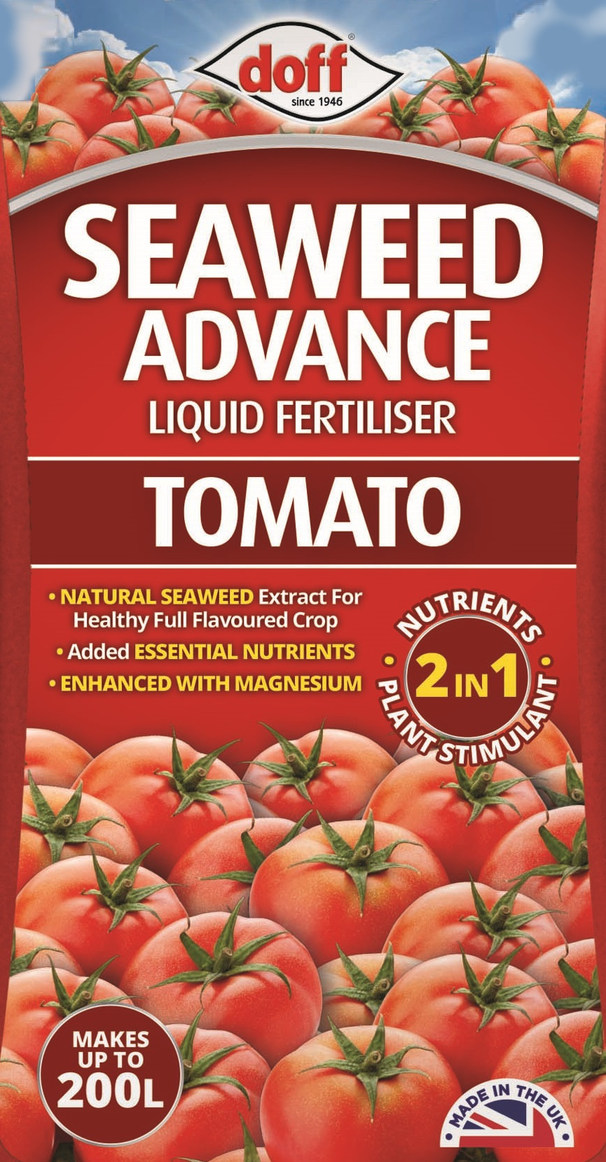  Doff Seaweed Advance Tomato Feed Liquid Plant Food 1 Litre bottle featuring tomatoes and product details.
