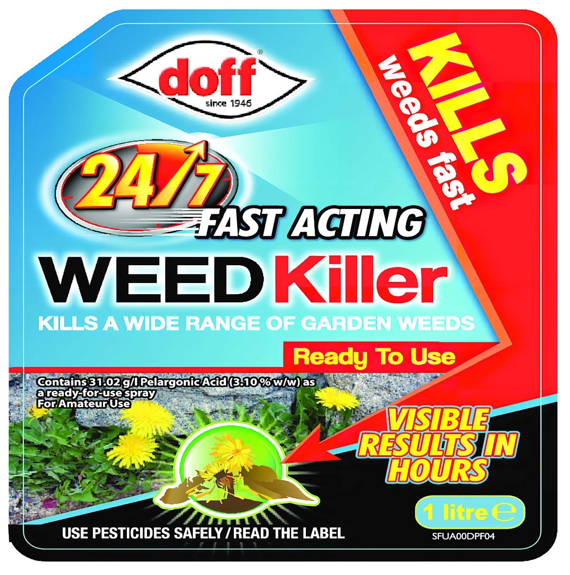 Label of Doff 24/7 Superfast Weed Killer showing fast acting formula and visible results in hours.