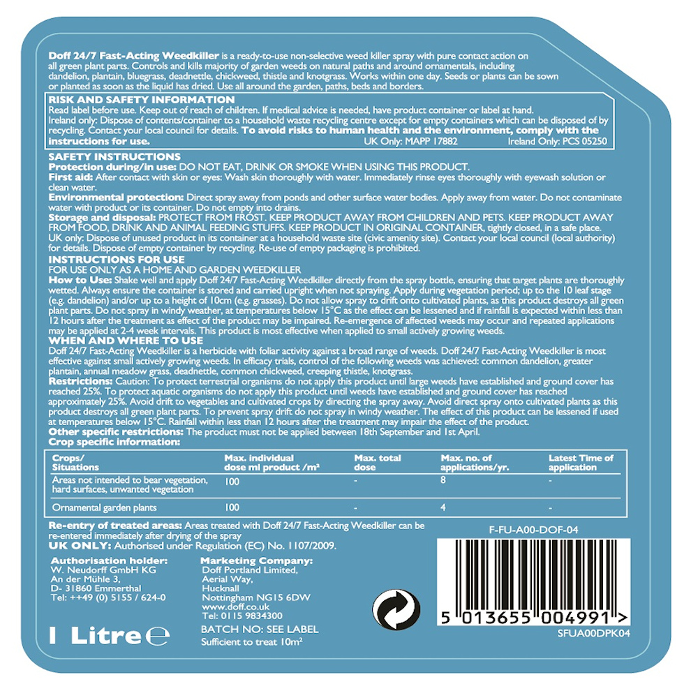 Back label of Doff 24/7 Superfast Weed Killer 1L showing instructions and safety information.
