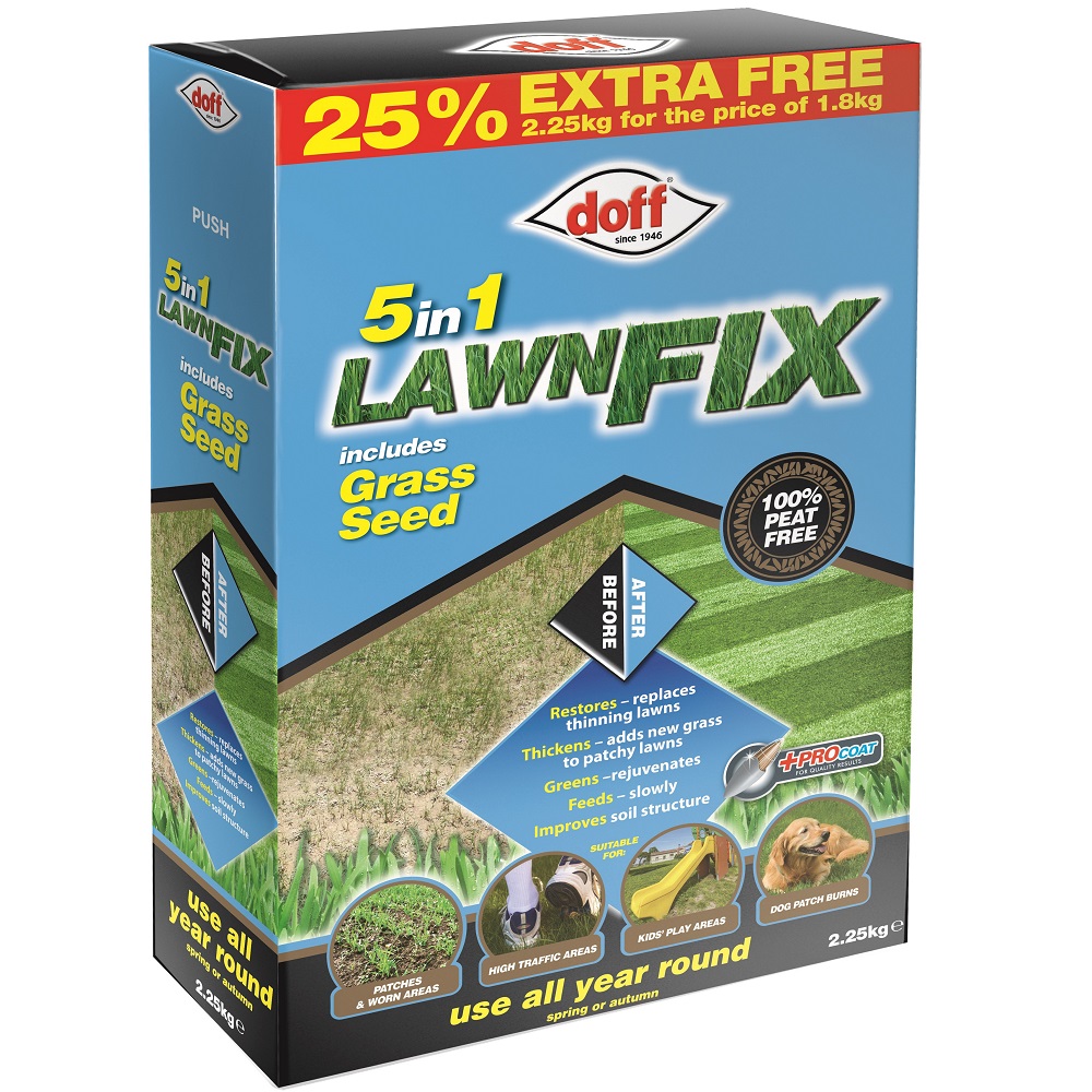 Doff 5-in-1 Peat-Free Grass Seed box with eco lawn repair features, showing before and after lawn images.
