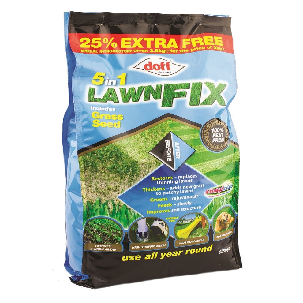 Doff 5-in-1 Peat-Free Grass Seed bag showing features like restoring thinning lawns and improving soil structure.