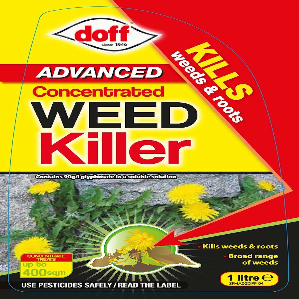 Doff Advanced Weed and Root Killer 1 Litre bottle with label showing concentrated formula for deep root treatment.