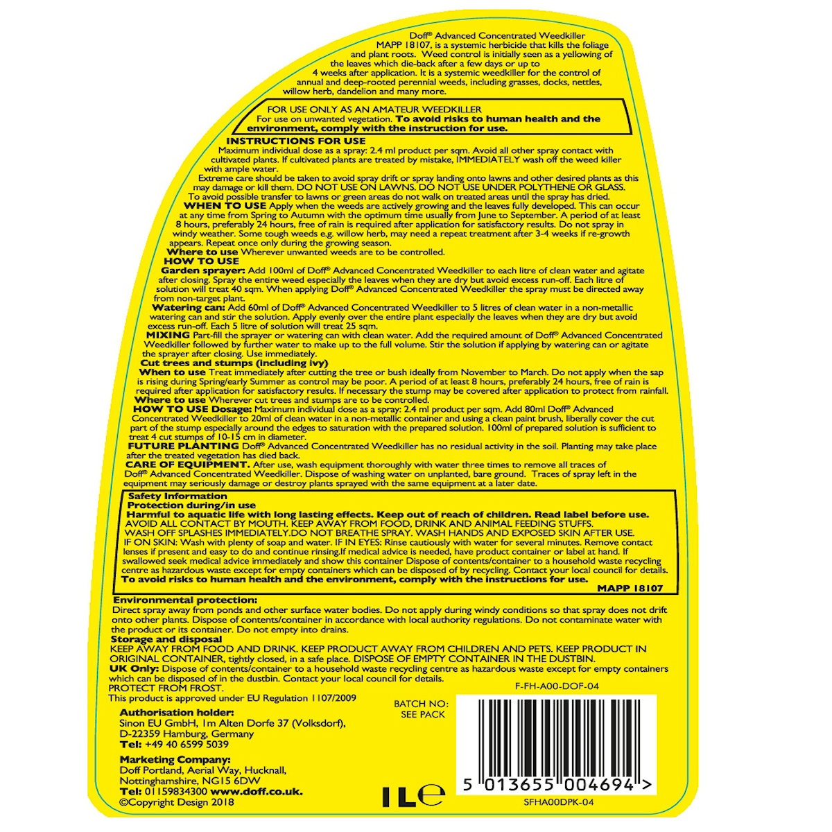 Back label of Doff Advanced Weed and Root Killer 1 Litre, showing instructions and safety information.