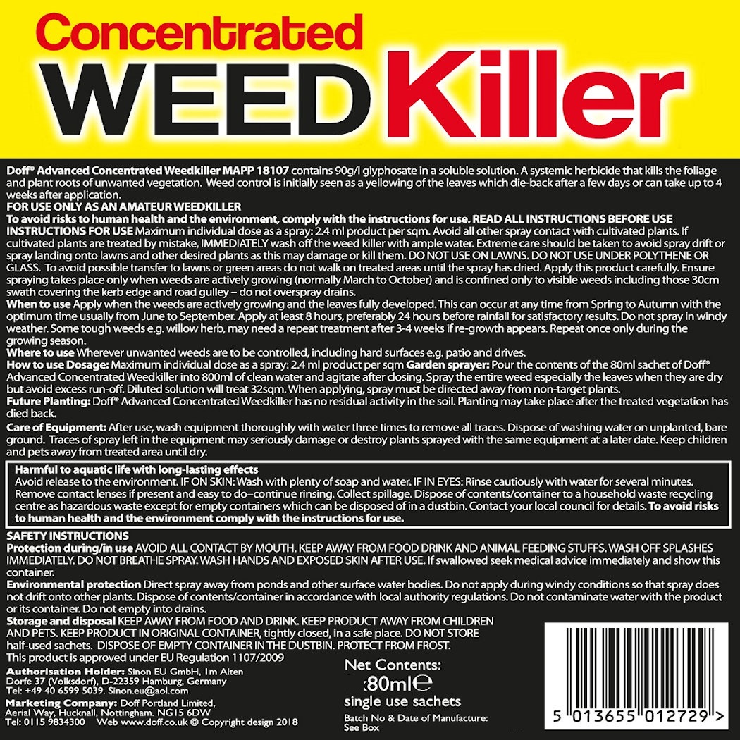  Doff Advanced Weed and Root Killer packaging, featuring bold text and instructions for use.
