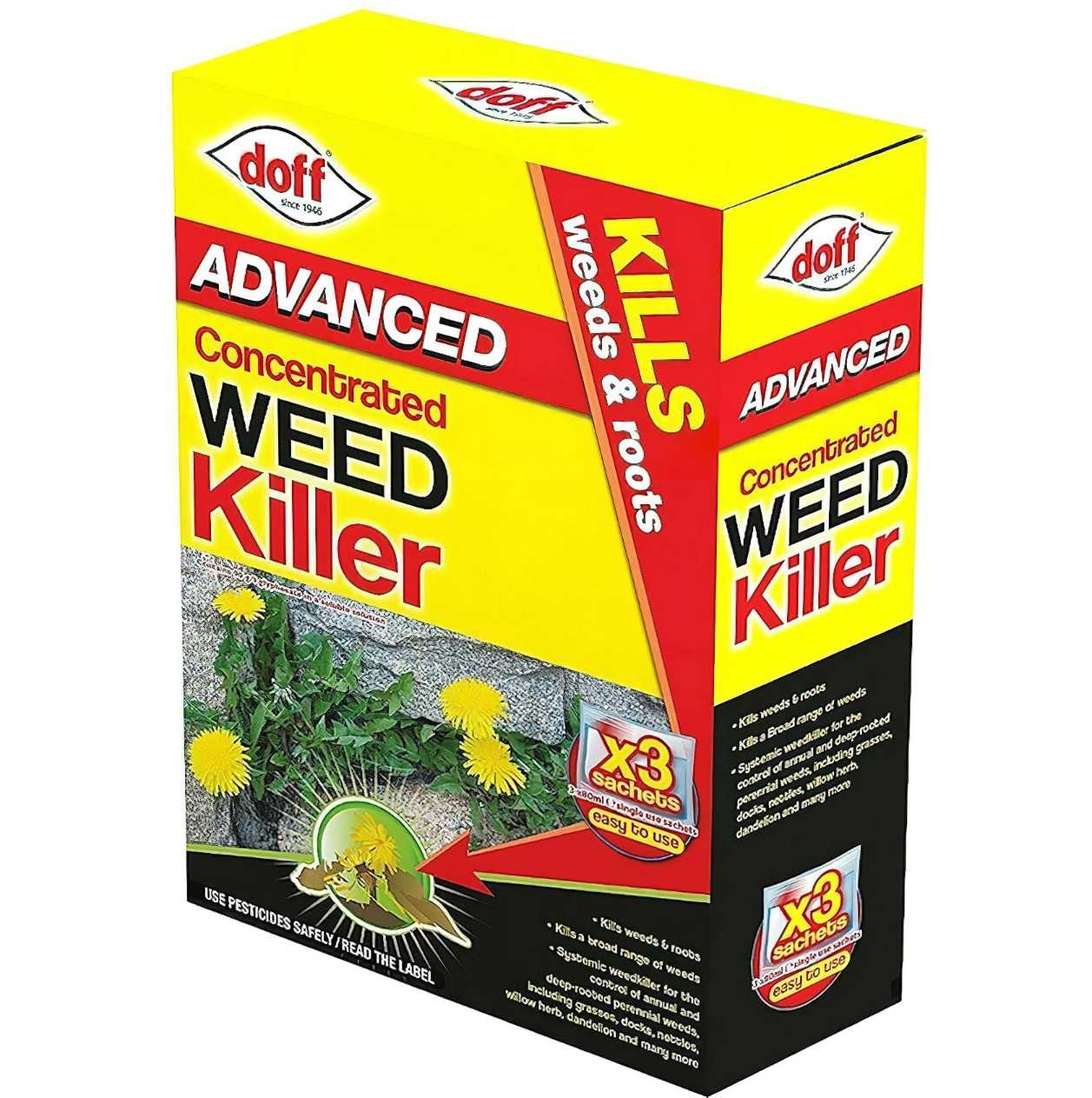 Doff Advanced Weed and Root Killer Sachets packaging with bold red and yellow design, featuring images of weeds.