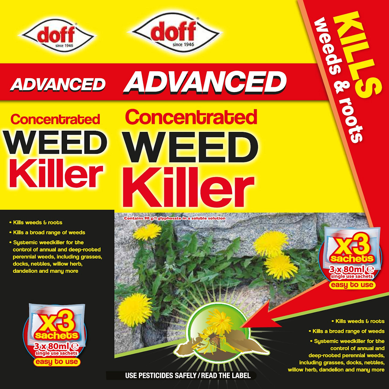 Doff Advanced Weed and Root Killer packaging with product details and  dandelions.