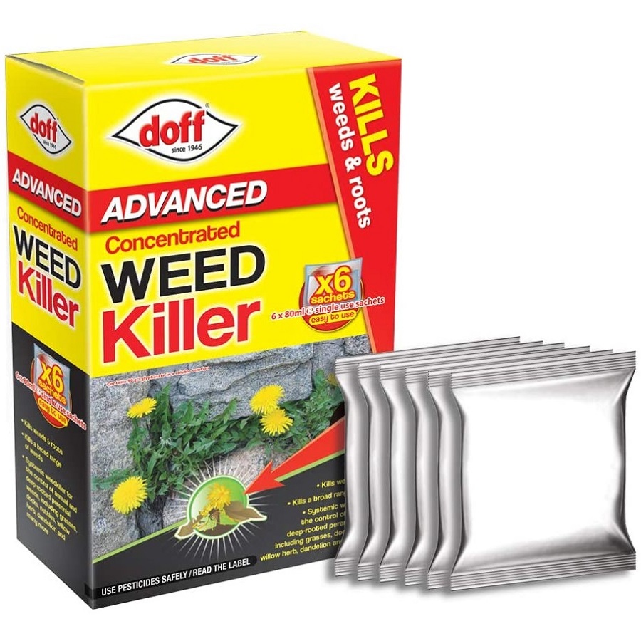 Doff Advanced Weed and Root Killer packaging with six sachets displayed.