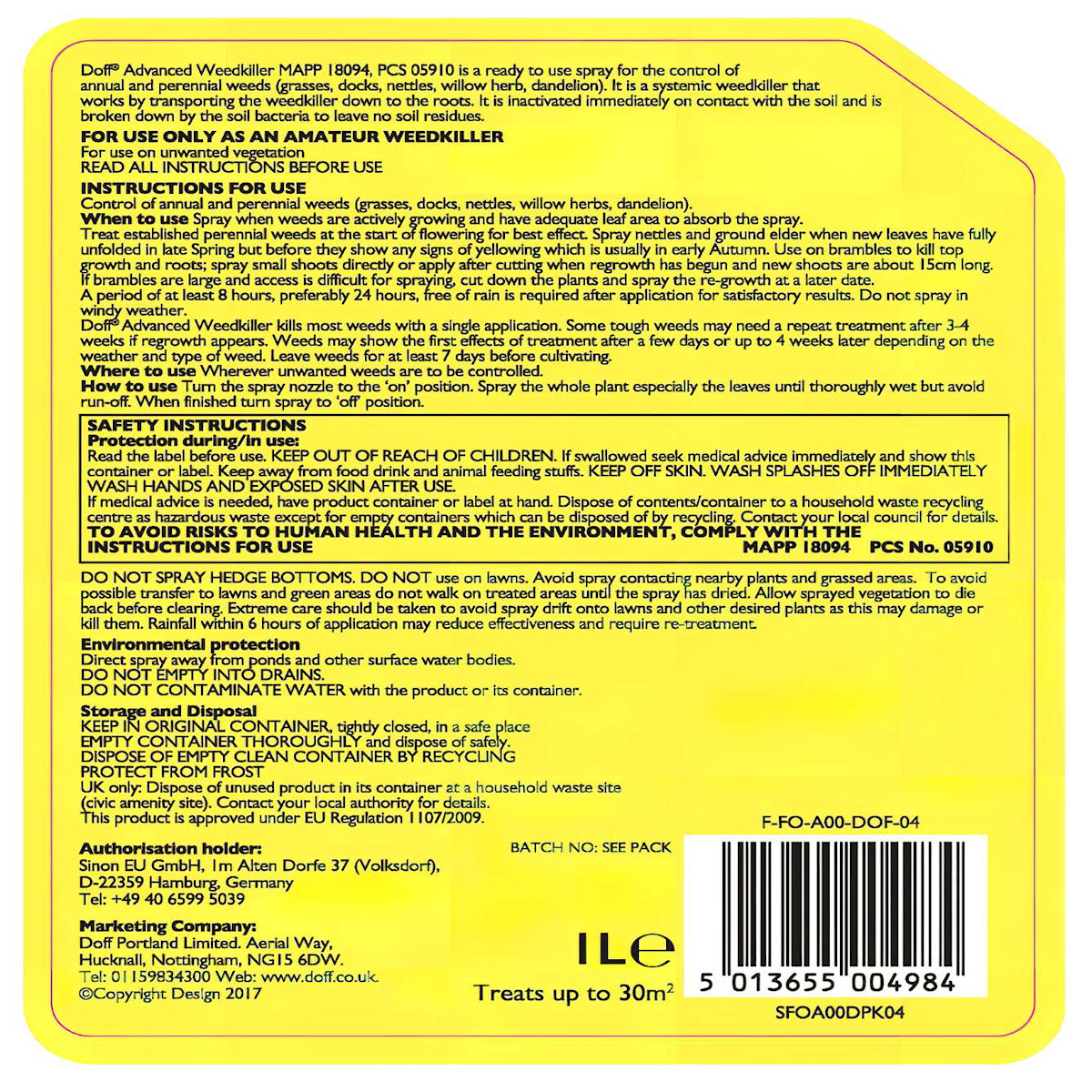 Back label of Doff Advanced Weed Killer Spray 1 Litre showing instructions and safety information.