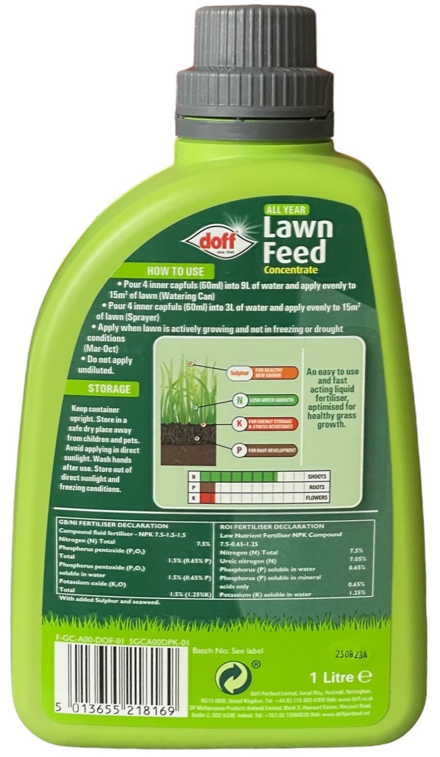 Back view of Doff All Year Liquid Lawn Feed 1L bottle showing instructions and ingredients.