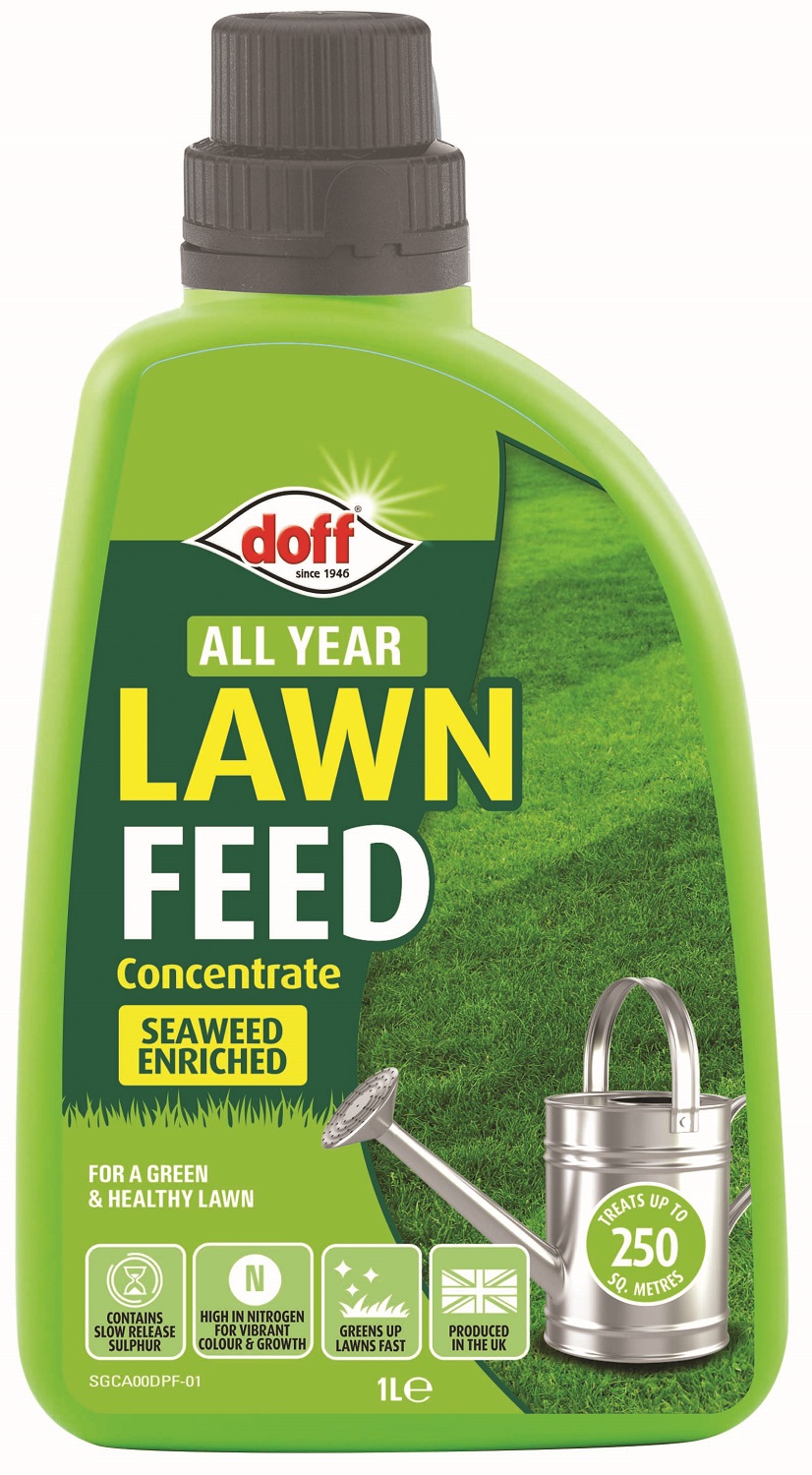 Doff All Year Liquid Lawn Feed 1L bottle with green label and watering can graphic.