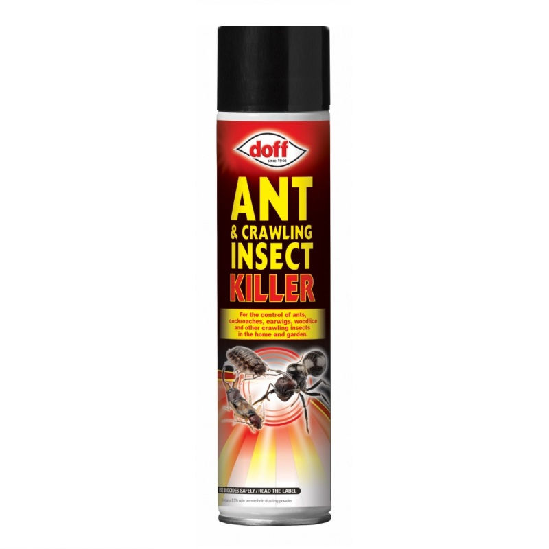 Doff Ant and Crawling Insect Killer Aerosol Spray 300ml with red and black label, featuring images of ants and other insects.
