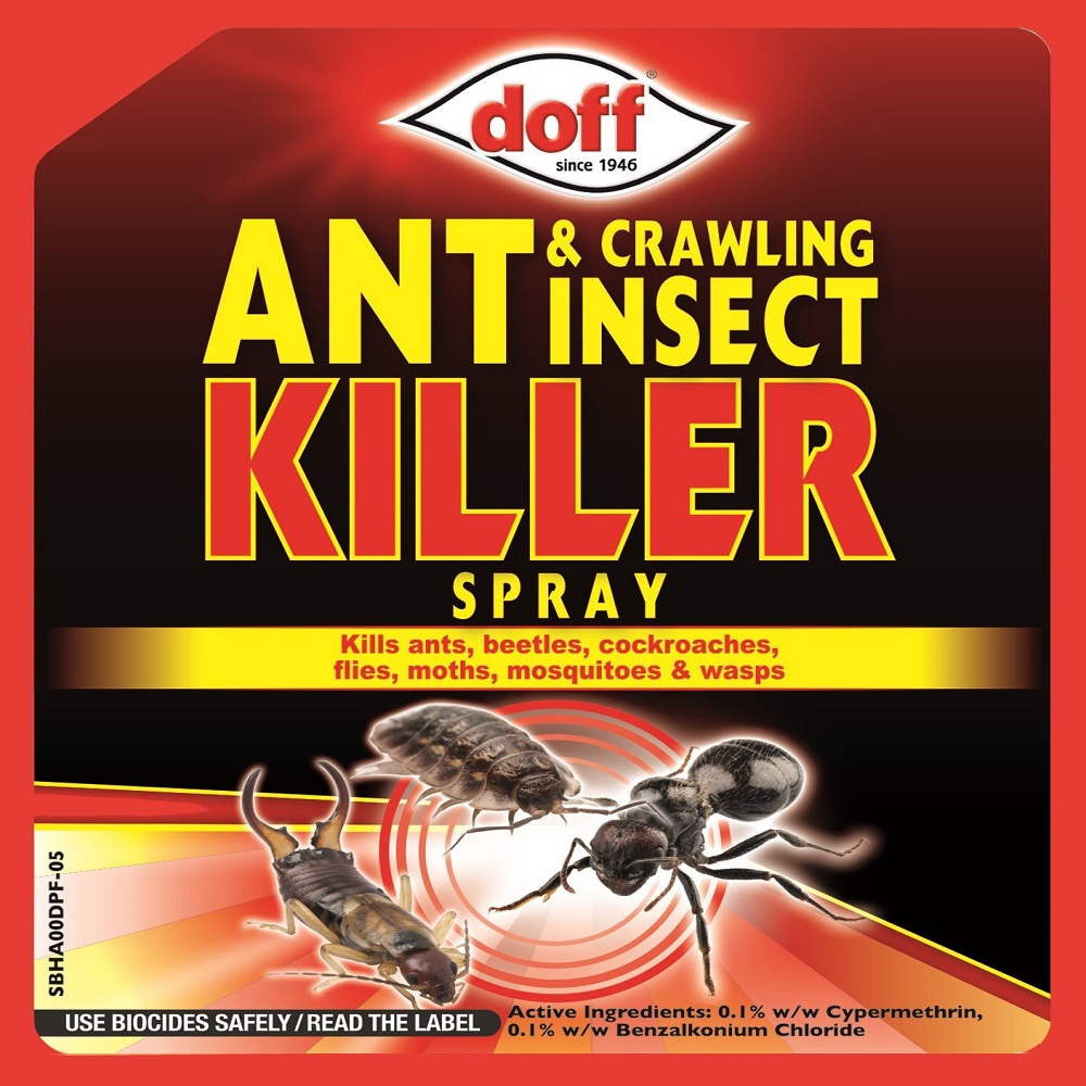 Doff Ant and Crawling Insect Killer Spray 1 Litre bottle with label showing target insects such as ants, beetles, and cockroaches.