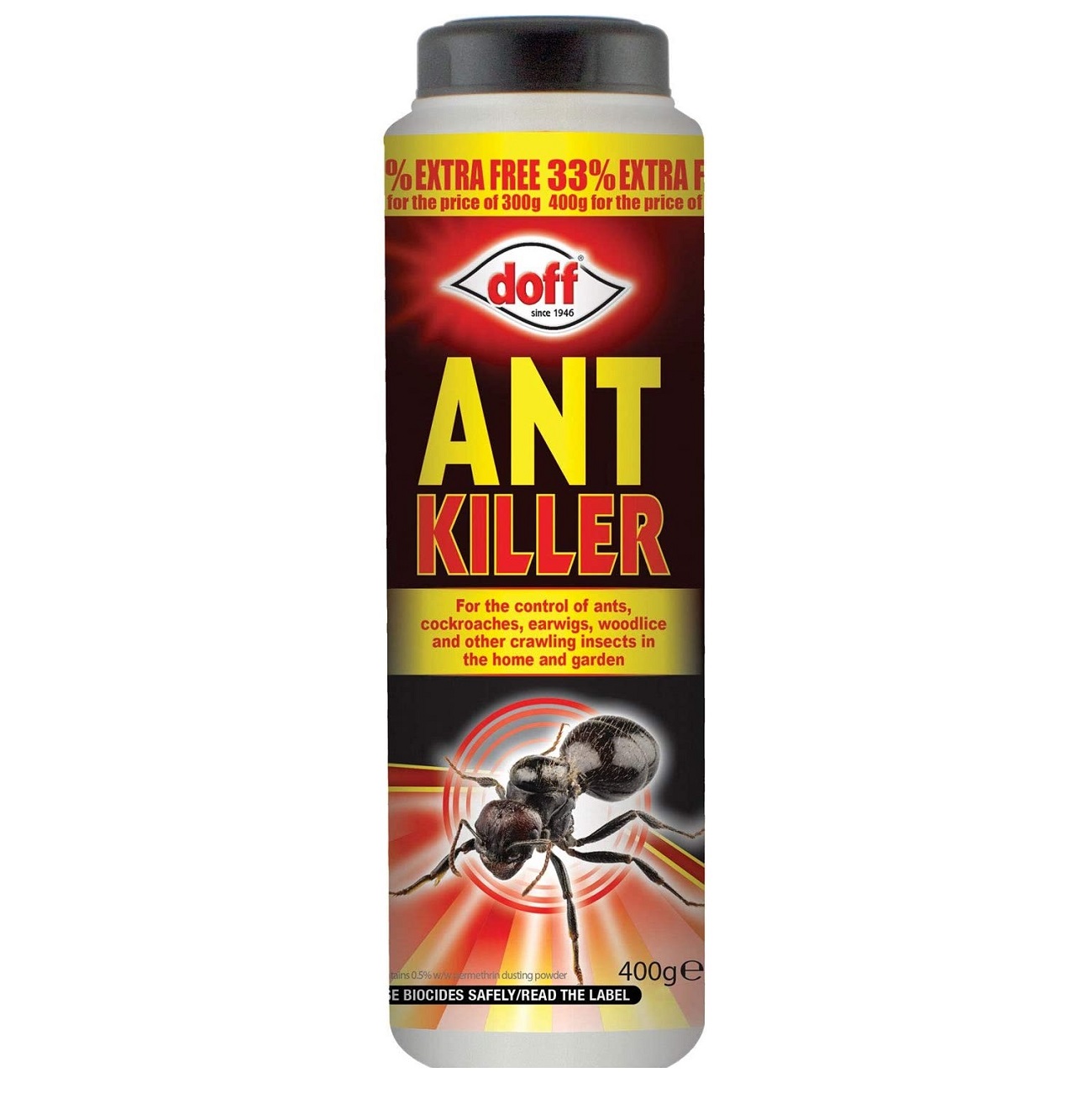 Doff Ant and Crawling Insect Powder Killer 400g bottle with label showing ant image and usage instructions.