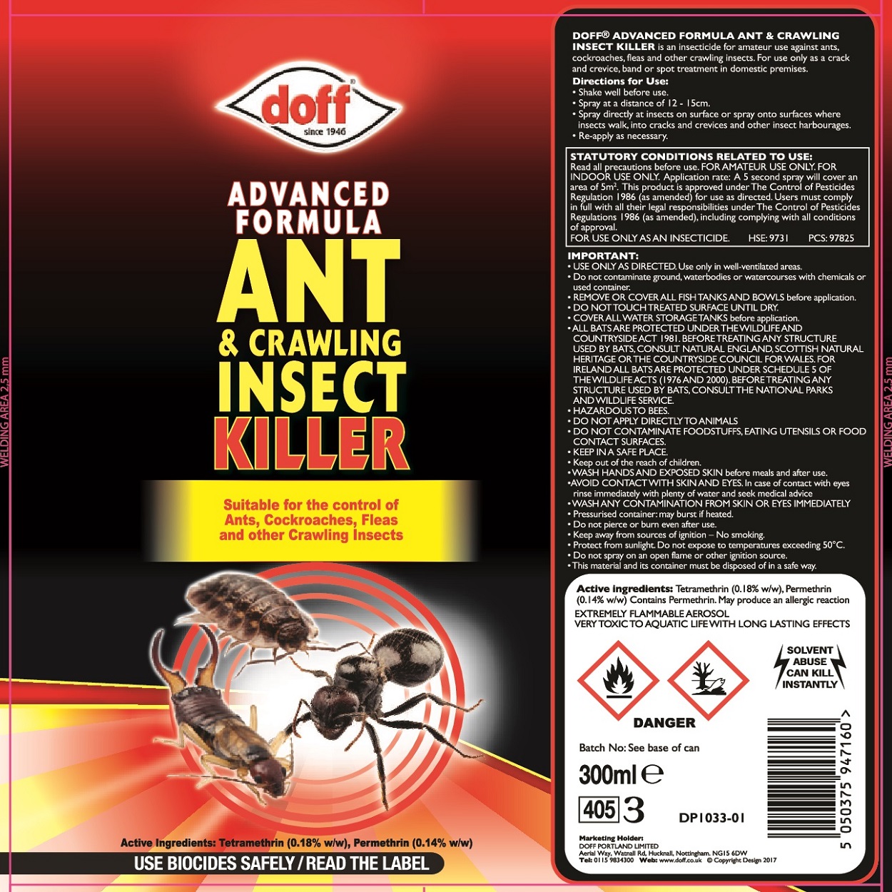 Doff Ant and Crawling Insect Killer Aerosol Spray 300ml, featuring advanced formula for control of ants, cockroaches, fleas, and other crawling insects.