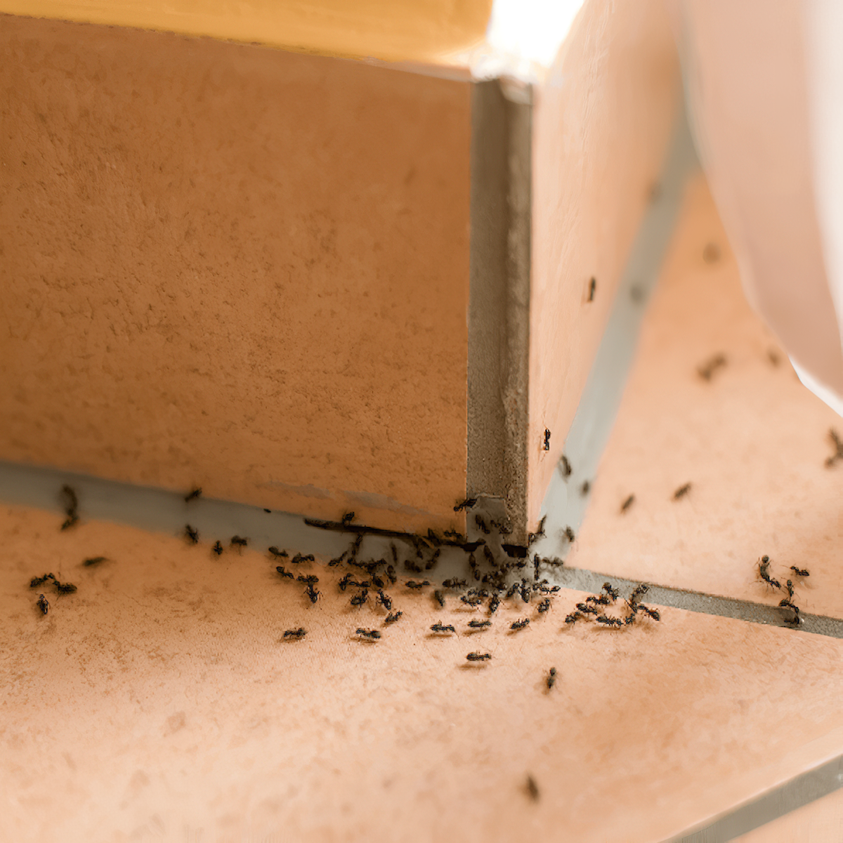 Close-up of ants crawling in a crack between tiles.