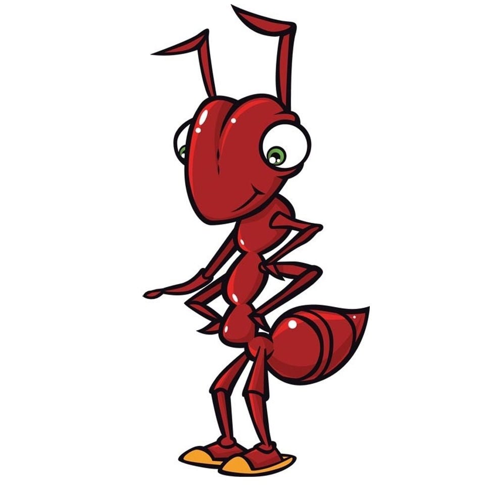 Cartoon a red ant standing with a confident pose.