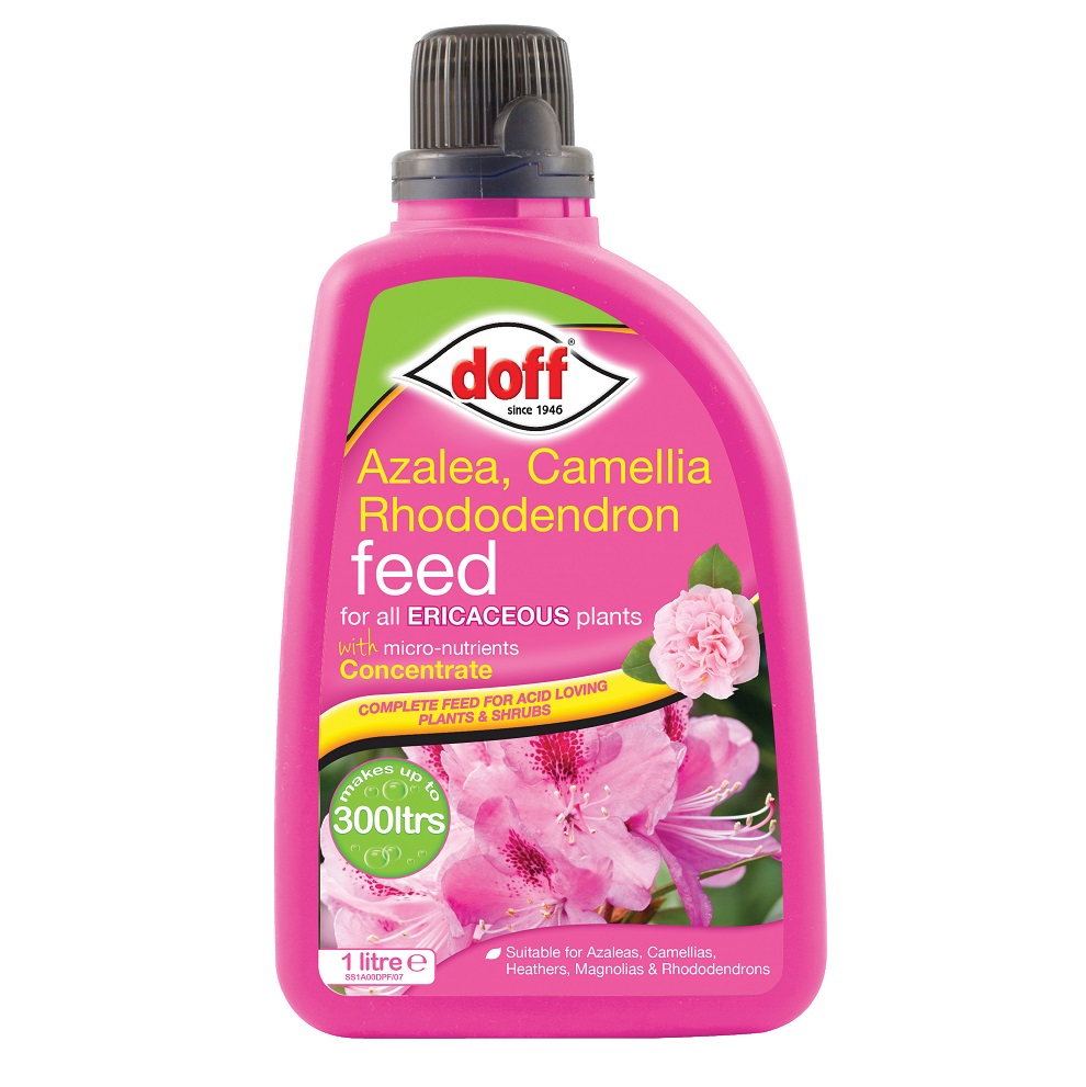 Doff Azalea Camellia Rhododendron Liquid Feed 1L bottle with pink label, featuring images of flowers suitable for acidic soil.