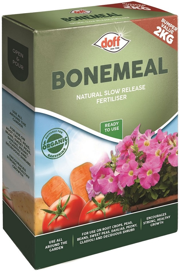Doff Bonemeal Slow Release Garden Fertiliser 2kg box with images of flowers and vegetables.