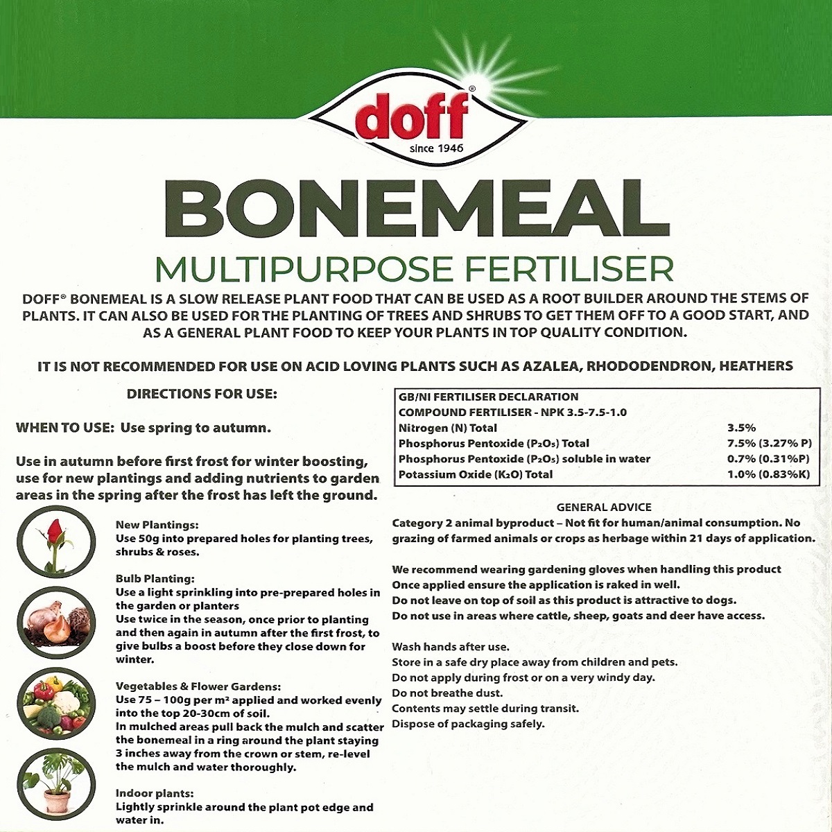 Doff Bonemeal Multipurpose Fertiliser packaging showing instructions and nutrient information.