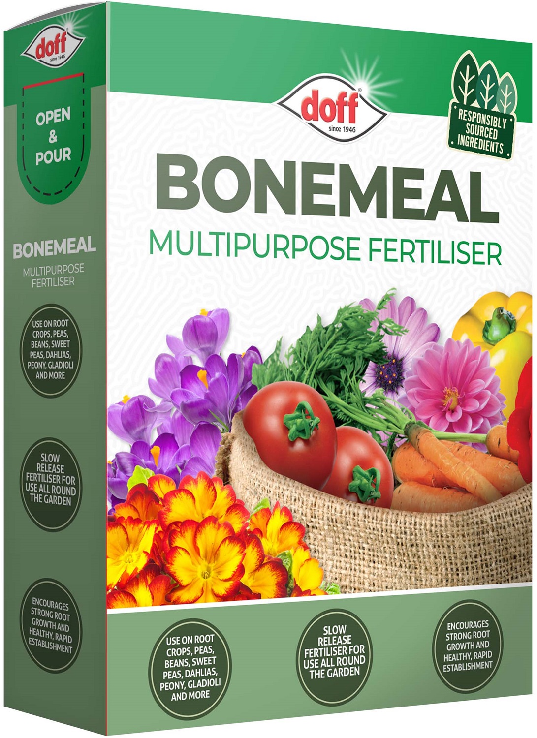 Box of Doff Bonemeal Multipurpose Fertiliser with images of vegetables and flowers.