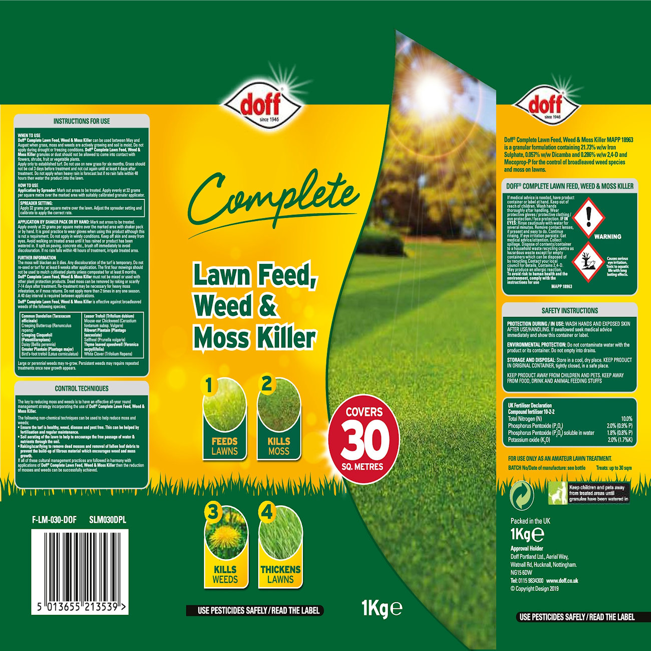 Packaging of Doff Complete Lawn Feed and Weed Moss Killer 1kg, showing instructions and features.